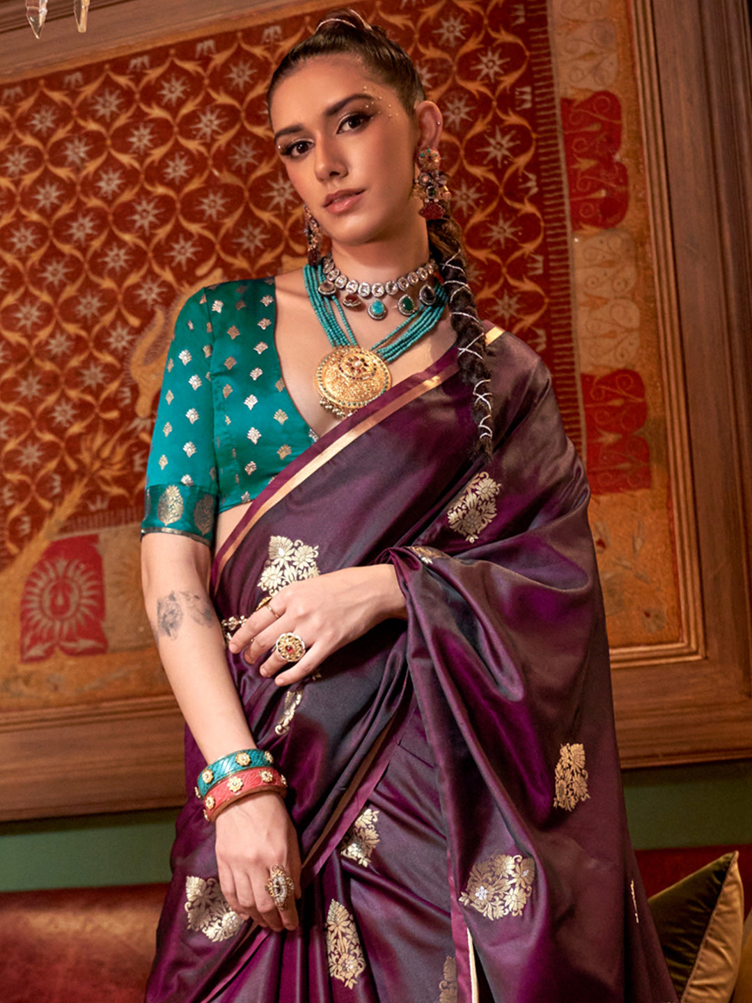 NOZ2TOZ Women's Satin Silk Teal blue Woven Design Designer Saree With Blouse Piece - Distacart