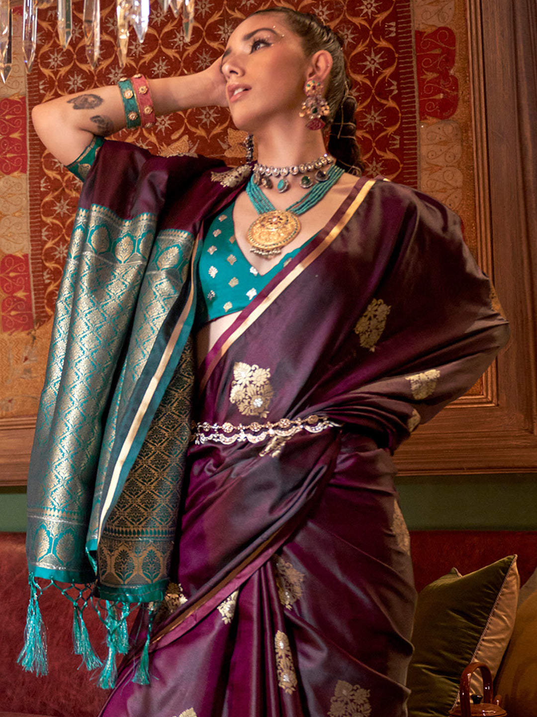 NOZ2TOZ Women's Satin Silk Teal blue Woven Design Designer Saree With Blouse Piece - Distacart