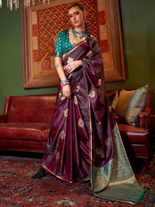 NOZ2TOZ Women's Satin Silk Teal blue Woven Design Designer Saree With Blouse Piece - Distacart