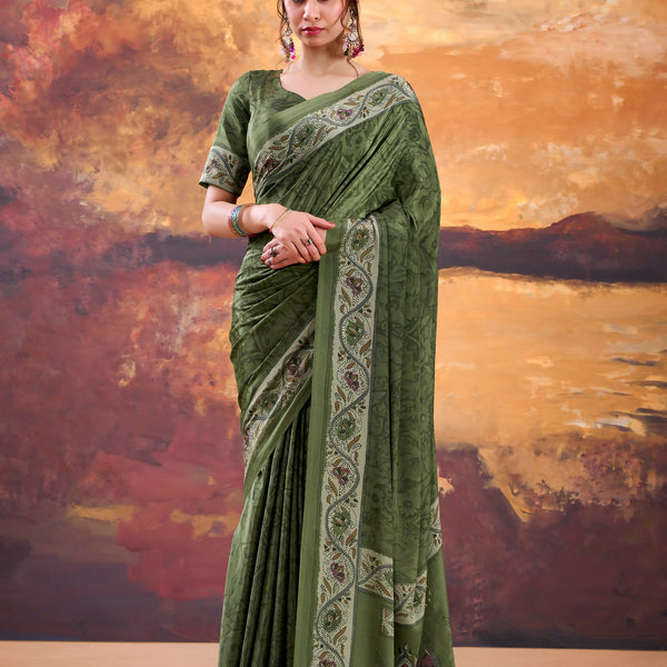 Vastranavya Mehendi Crepe Printed Saree with Unstitched Blouse - Distacart