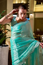 Thumbnail for Vastranavya Turquoise Embroidery Work Shimmer Chiffon Saree with Unstitched Blouse