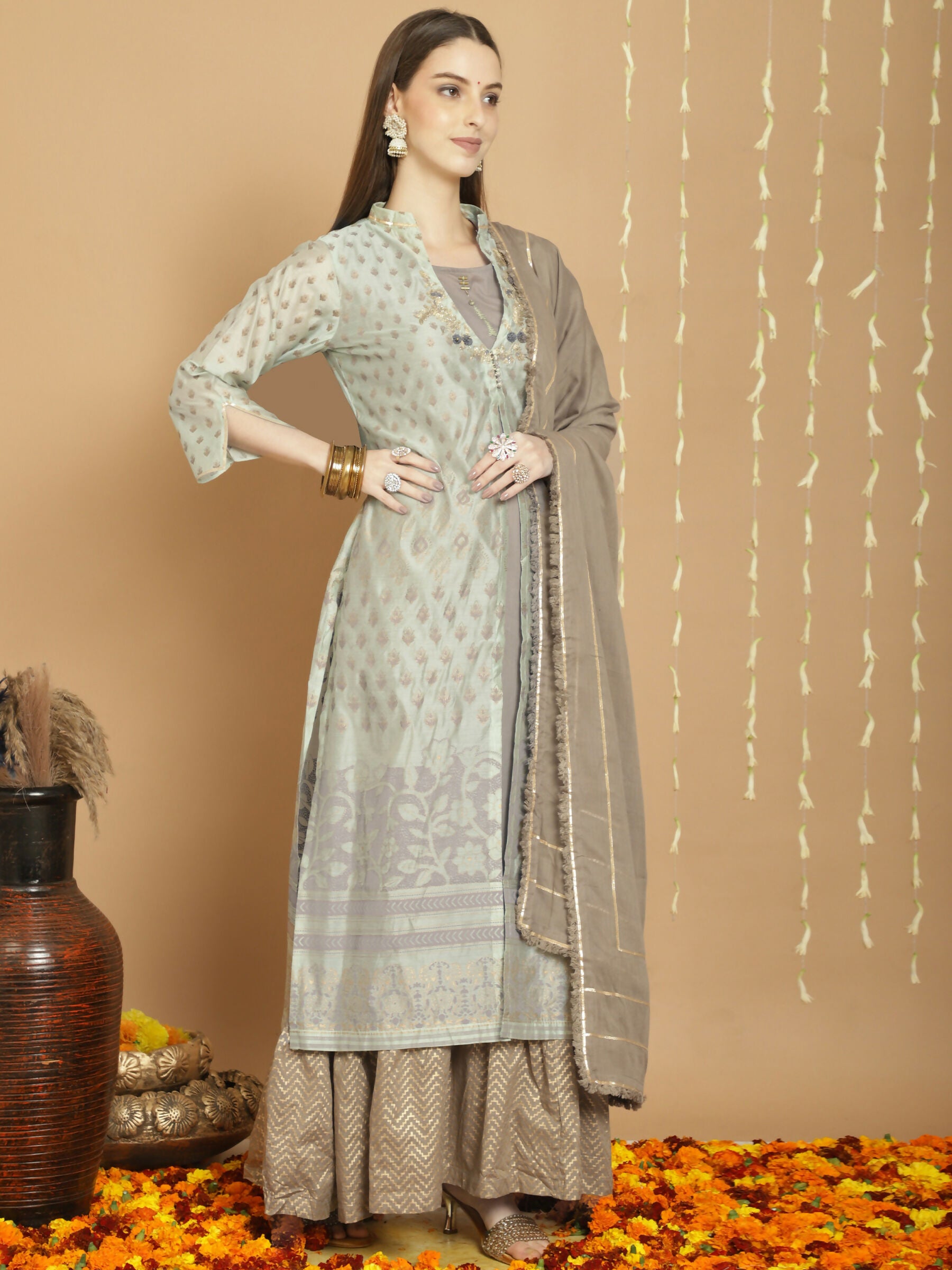 Jyoti Fashion Women's Green Chanderi Silk Elegant Jardoshi Semi Kurta with Trouser & Dupatta - Distacart