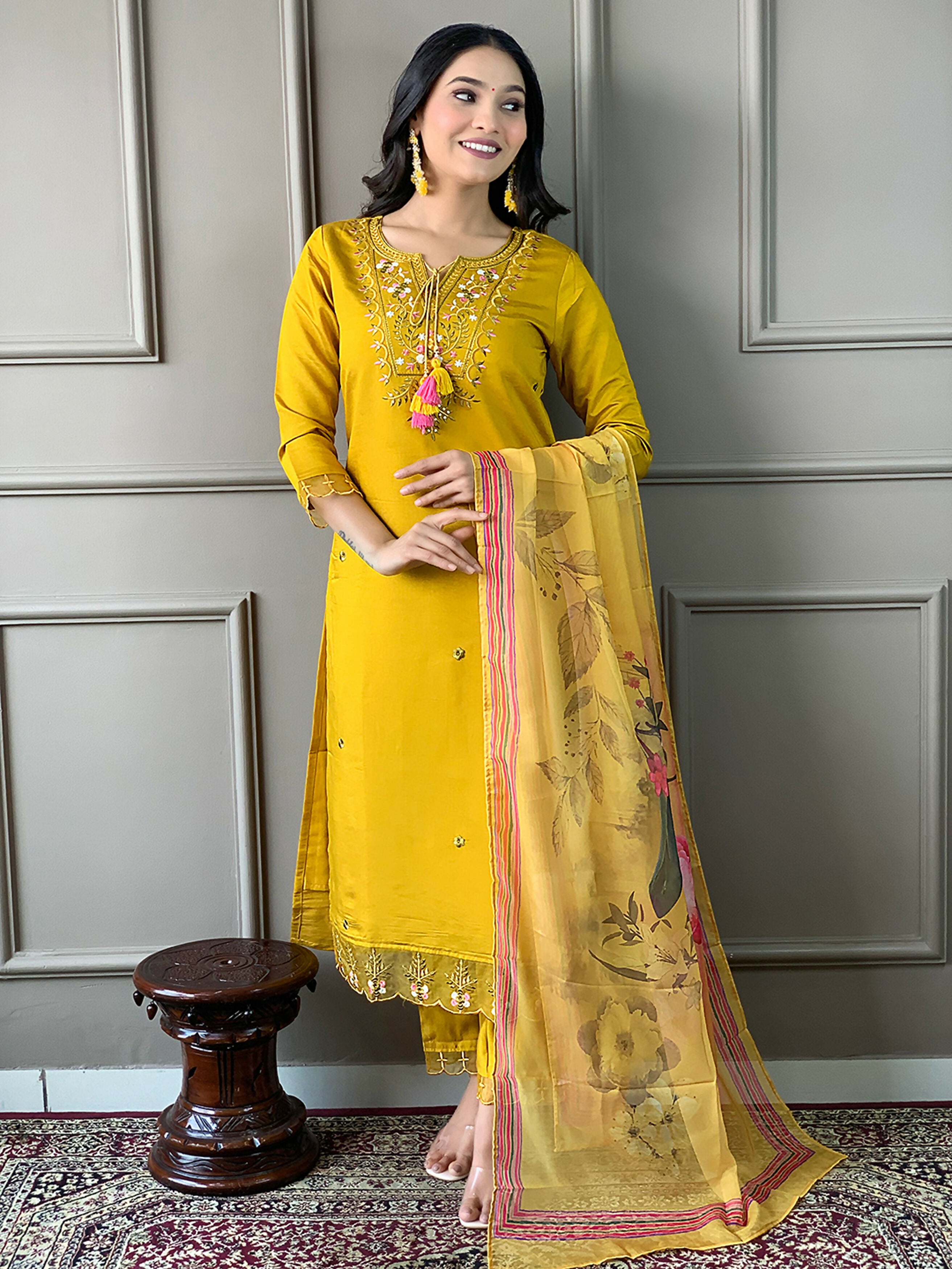 Partywear Designer Chanderi Mustard Stitched Suit With Dupatta - Tanisha - Distacart