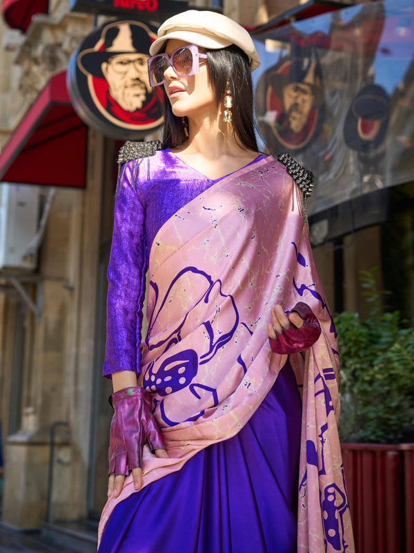 NOZ2TOZ Women's Satin Purple Printed Designer Saree With Blouse Piece - Distacart