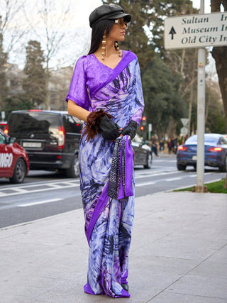 NOZ2TOZ Women's Satin Lavender Printed Designer Saree With Blouse Piece - Distacart