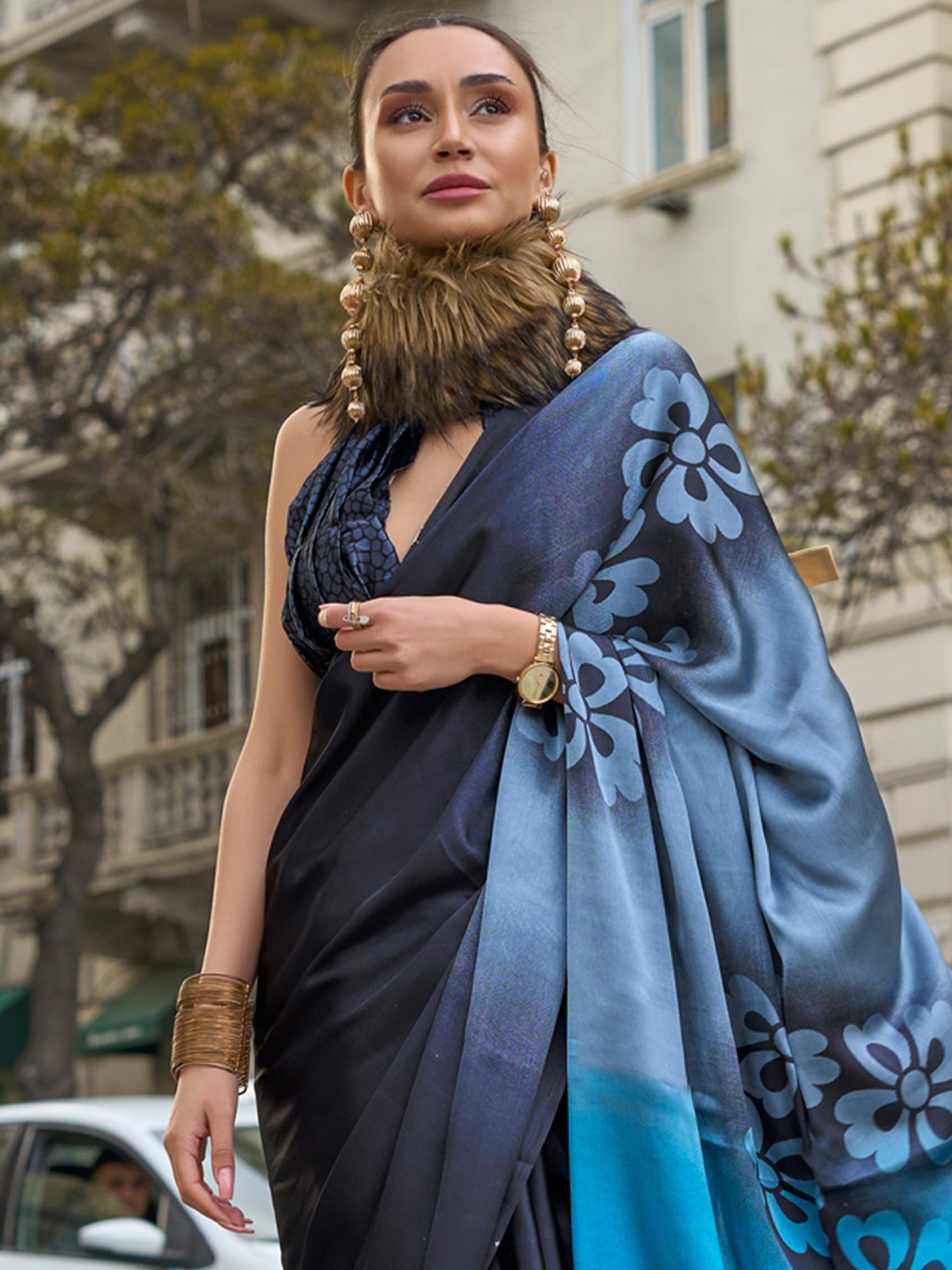 NOZ2TOZ Women's Satin Black Printed Designer Saree With Blouse Piece - Distacart