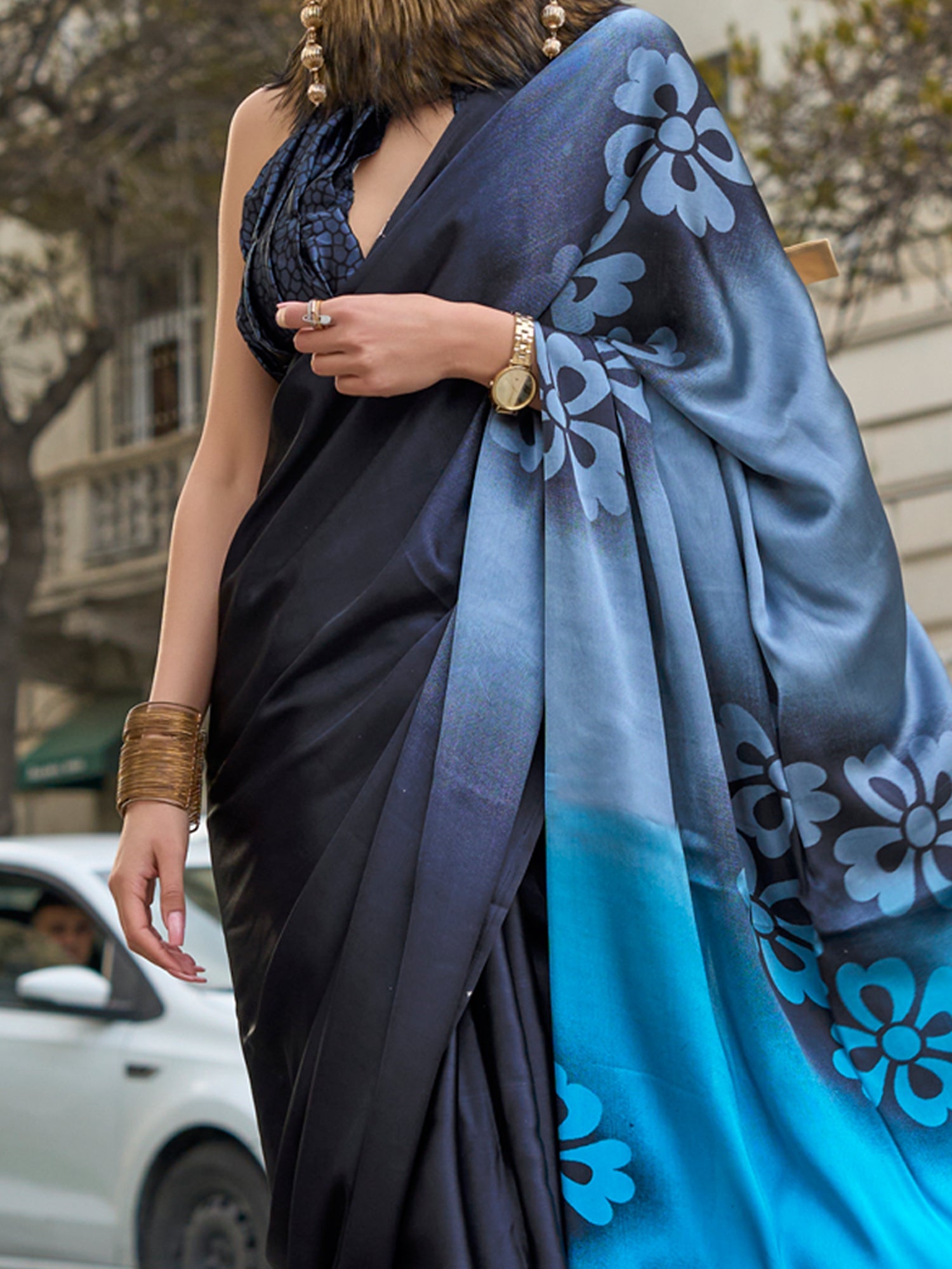 NOZ2TOZ Women's Satin Black Printed Designer Saree With Blouse Piece - Distacart