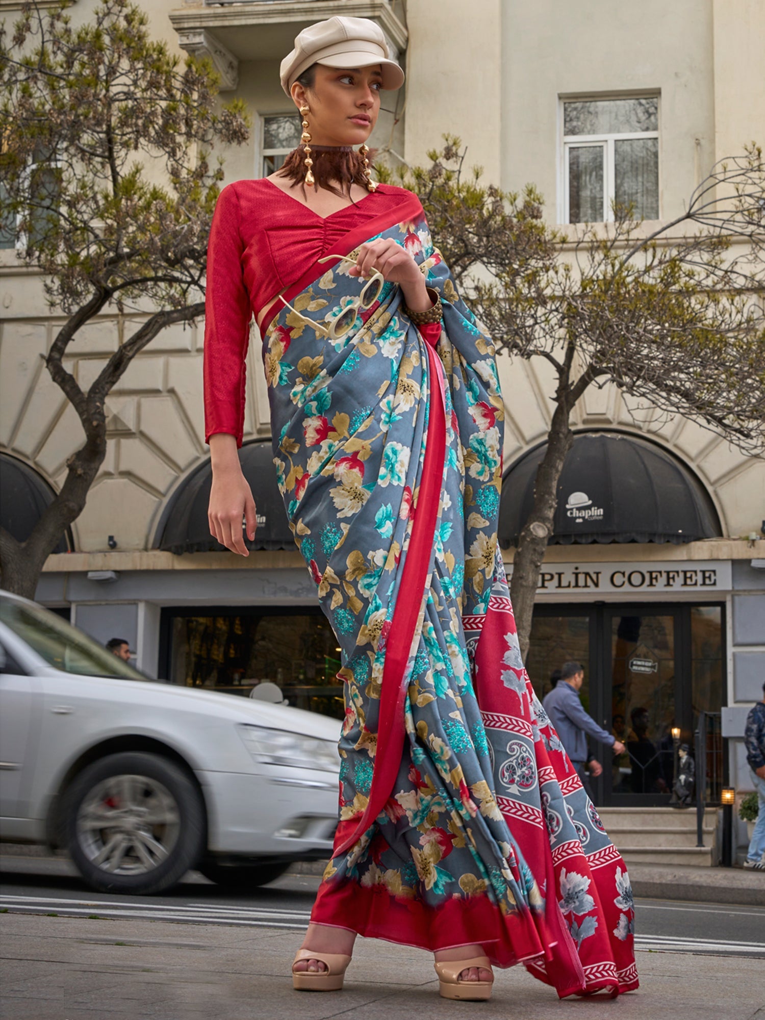 NOZ2TOZ Women's Satin Grey Printed Designer Saree With Blouse Piece - Distacart