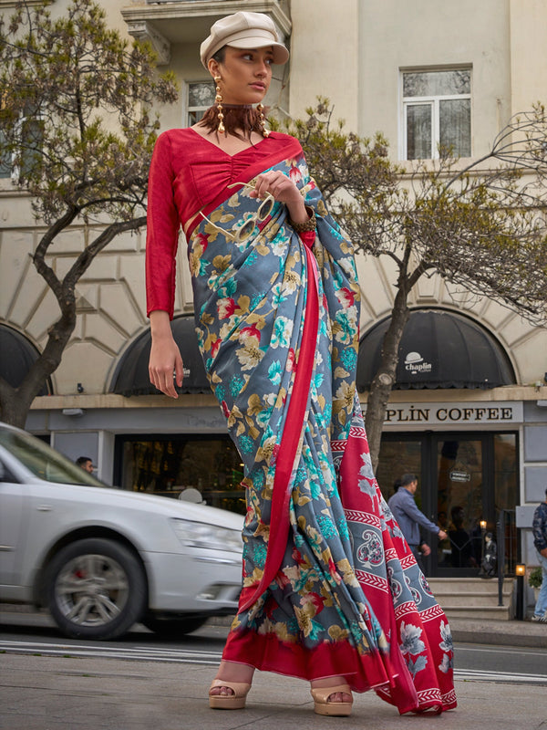 NOZ2TOZ Women's Satin Grey Printed Designer Saree With Blouse Piece - Distacart