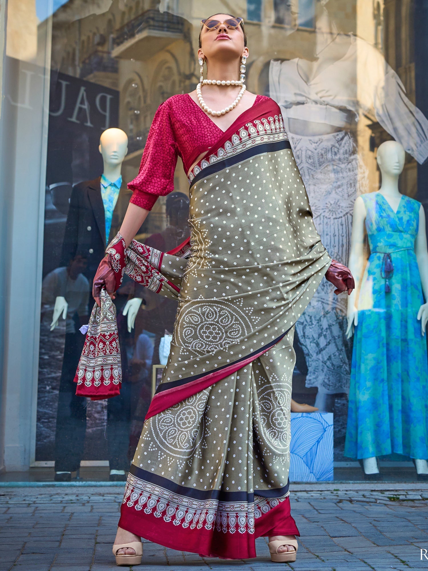 NOZ2TOZ Women's Satin Olive Printed Designer Saree With Blouse Piece - Distacart