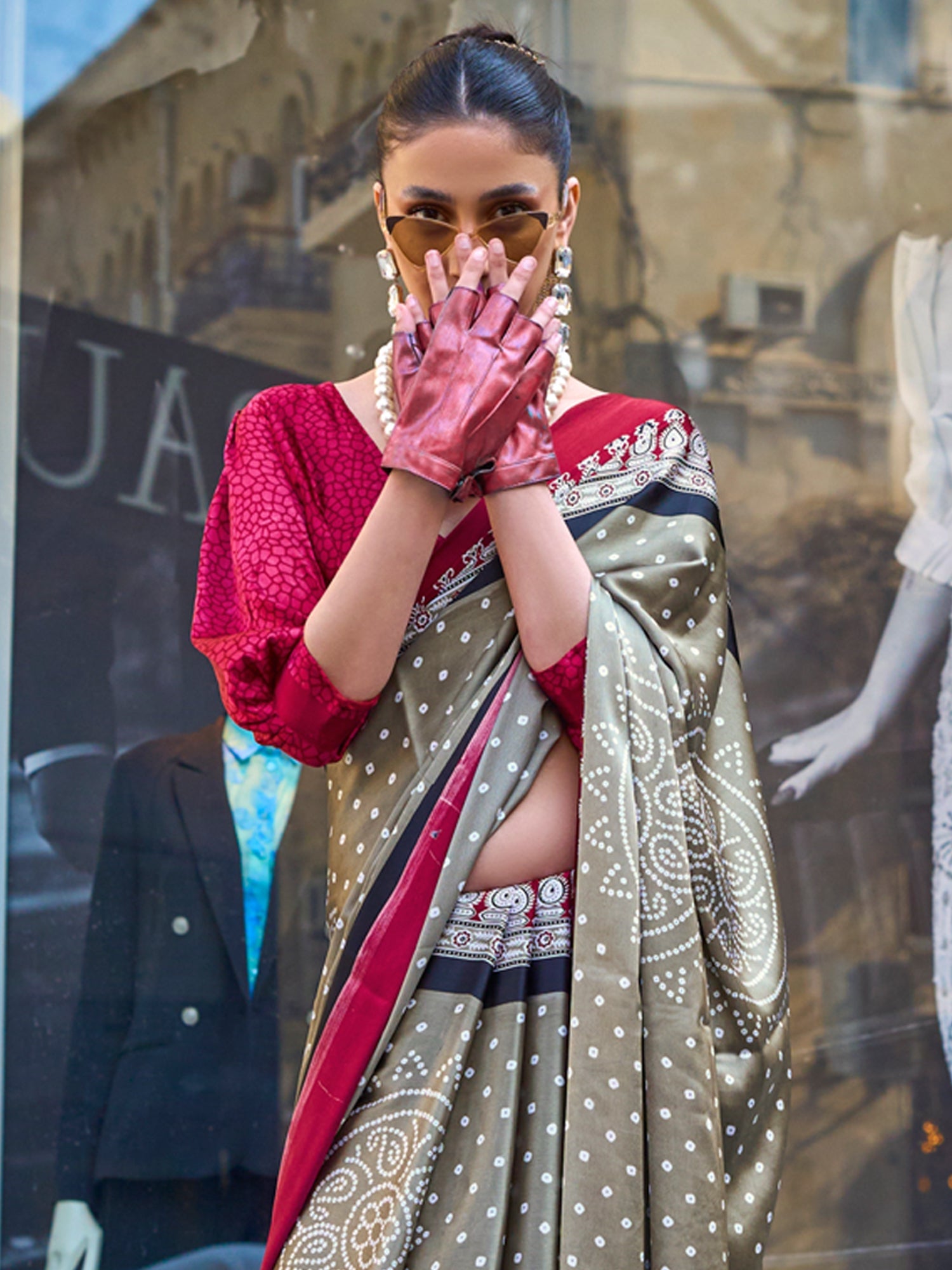 NOZ2TOZ Women's Satin Olive Printed Designer Saree With Blouse Piece - Distacart