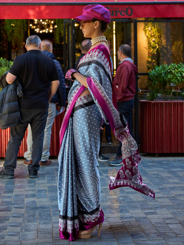 NOZ2TOZ Women's Satin Grey Printed Designer Saree With Blouse Piece - Distacart