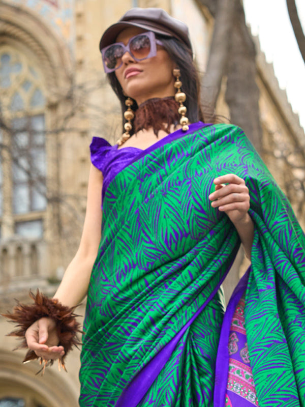 NOZ2TOZ Women's Satin Green Printed Designer Saree With Blouse Piece - Distacart