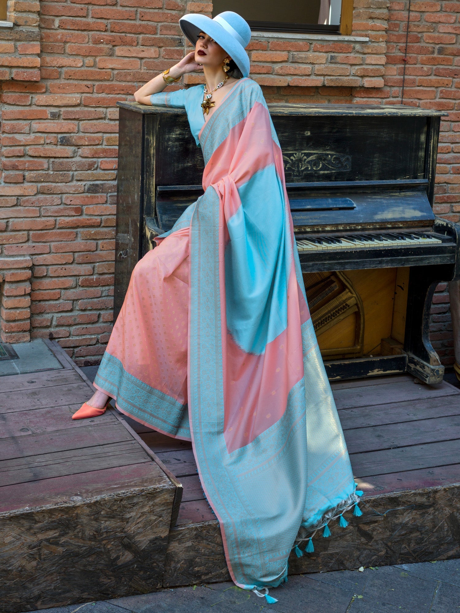 NOZ2TOZ Women's Soft Silk Peach Woven Design Designer Saree With Blouse Piece - Distacart