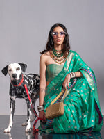 Thumbnail for NOZ2TOZ Women's Silk Blend Teal green Woven Design Handloom Saree With Blouse Piece - Distacart