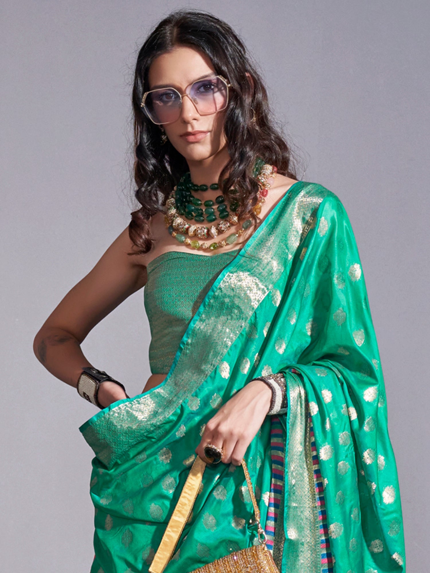 NOZ2TOZ Women's Silk Blend Teal green Woven Design Handloom Saree With Blouse Piece - Distacart