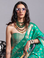 Thumbnail for NOZ2TOZ Women's Silk Blend Teal green Woven Design Handloom Saree With Blouse Piece - Distacart