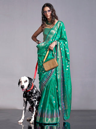 NOZ2TOZ Women's Silk Blend Teal green Woven Design Handloom Saree With Blouse Piece - Distacart