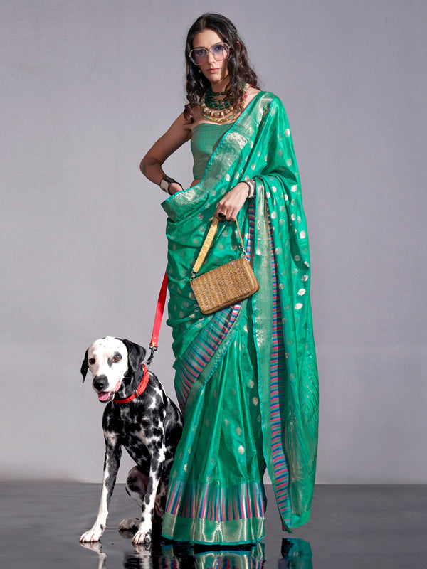 NOZ2TOZ Women's Silk Blend Teal green Woven Design Handloom Saree With Blouse Piece - Distacart