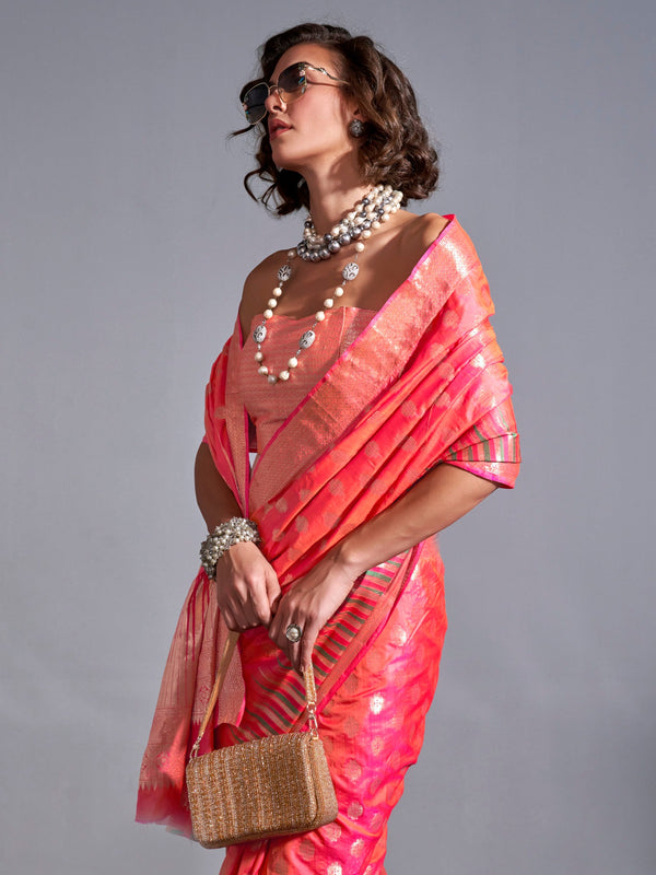 NOZ2TOZ Women's Silk Blend Peach Woven Design Handloom Saree With Blouse Piece - Distacart
