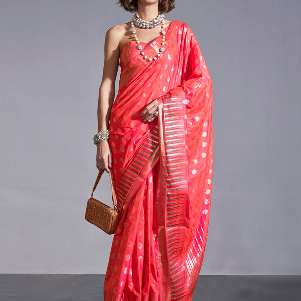 NOZ2TOZ Women's Silk Blend Peach Woven Design Handloom Saree With Blouse Piece - Distacart