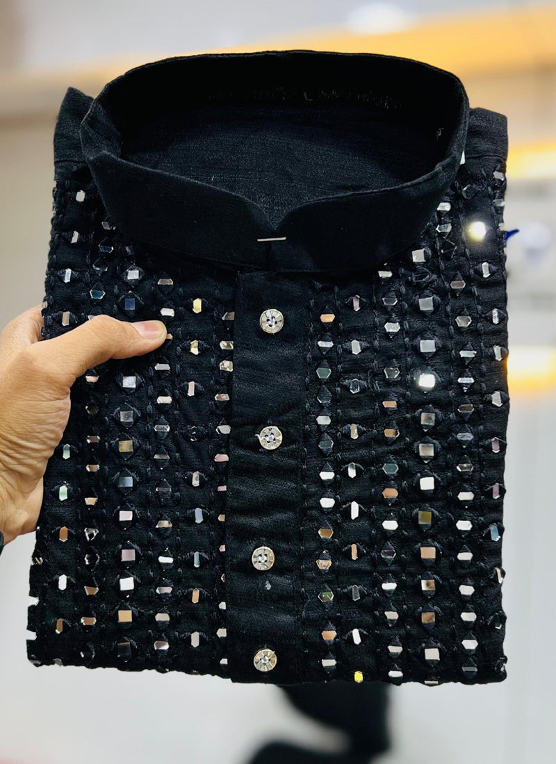 Prazu Fashion Black Soft Silk Real Mirror Work Kurta