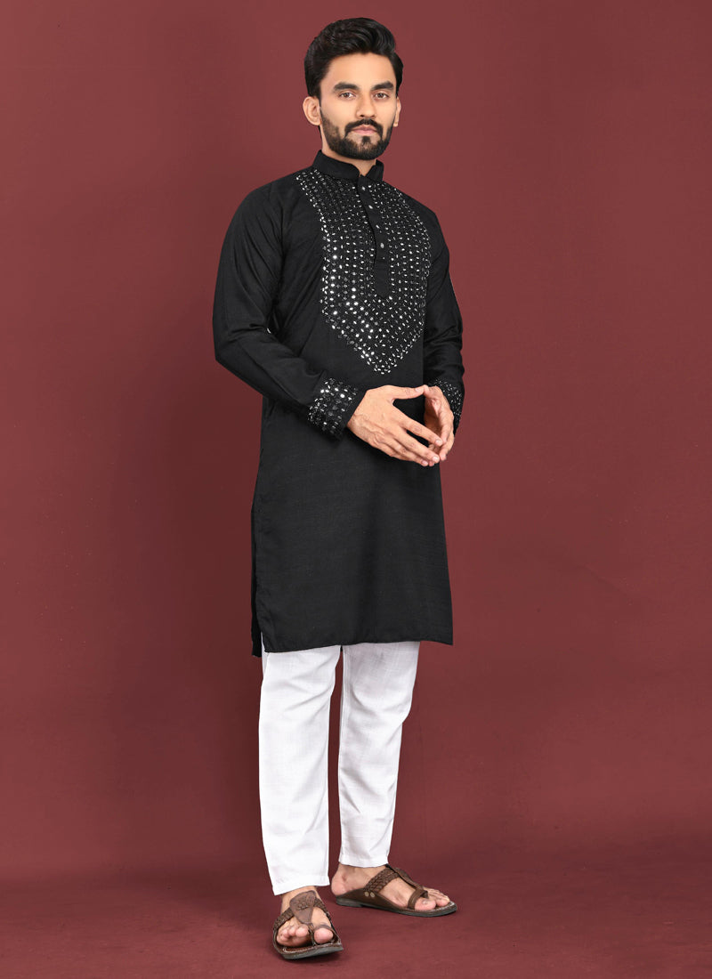 Prazu Fashion Black Soft Silk Real Mirror Work Kurta