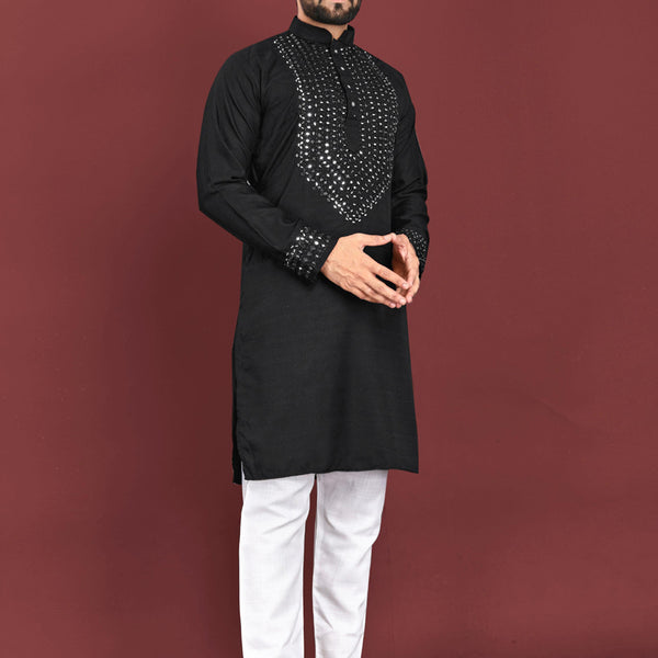 Prazu Fashion Black Soft Silk Real Mirror Work Kurta
