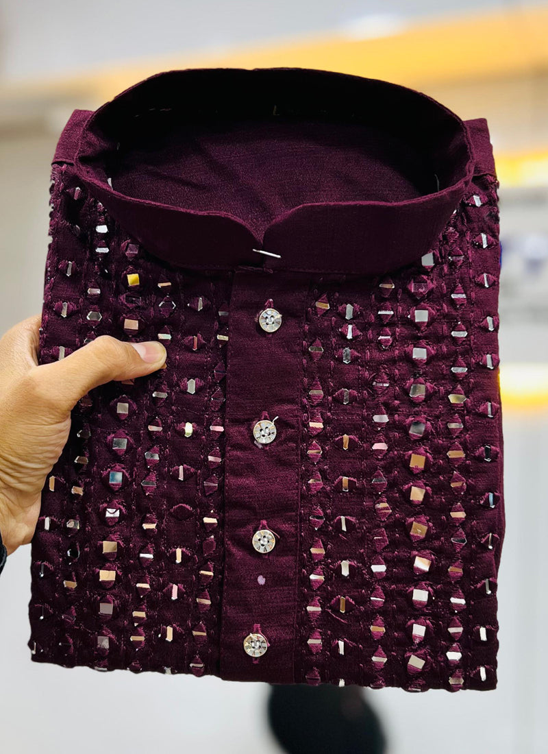 Prazu Fashion Wine Soft Silk Real Mirror Work Kurta