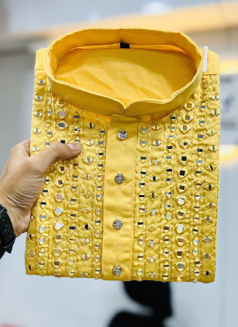 Prazu Fashion Yellow Soft Silk Real Mirror Work Kurta