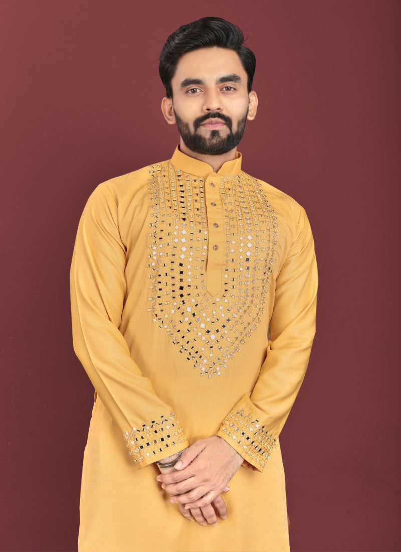 Prazu Fashion Yellow Soft Silk Real Mirror Work Kurta