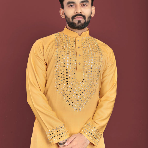 Prazu Fashion Yellow Soft Silk Real Mirror Work Kurta