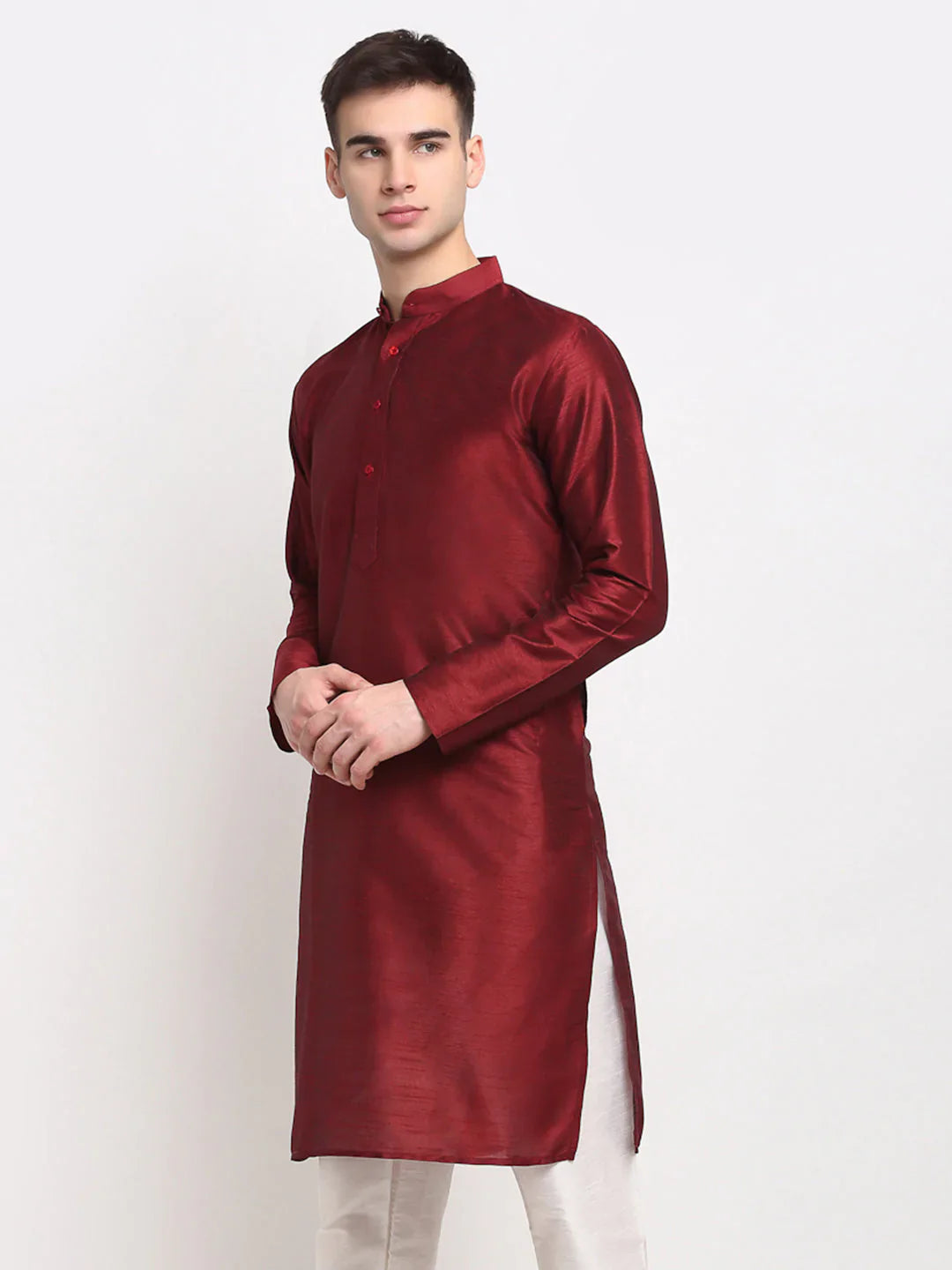 Jompers Men's Maroon Solid Dupion Silk Kurta Only - Distacart