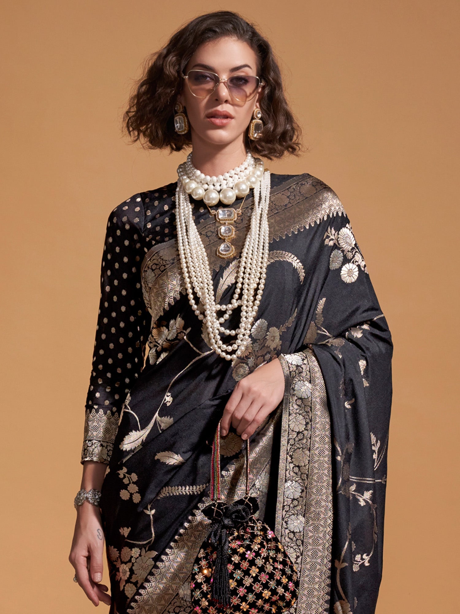 NOZ2TOZ Women's Georgette Black Woven Design Designer Saree With Blouse Piece - Distacart