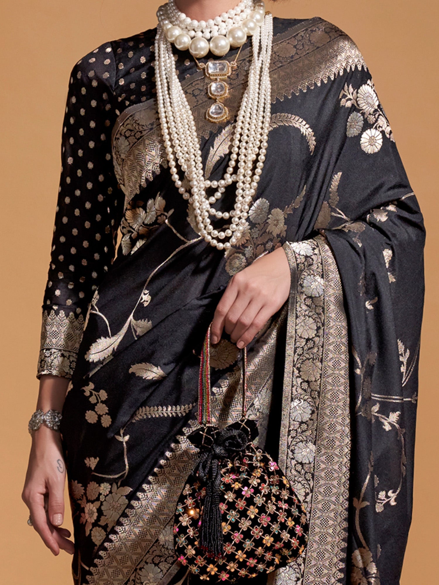 NOZ2TOZ Women's Georgette Black Woven Design Designer Saree With Blouse Piece - Distacart