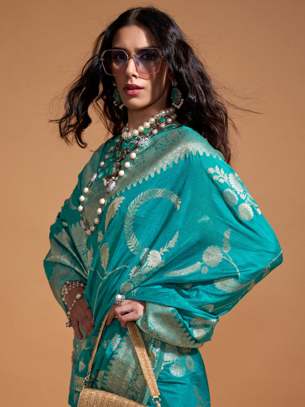 NOZ2TOZ Women's Georgette Blue Woven Design Designer Saree With Blouse Piece - Distacart