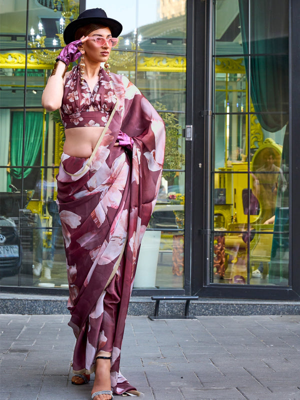 NOZ2TOZ Women's Satin Silk Brown Printed Designer Saree With Blouse Piece - Distacart