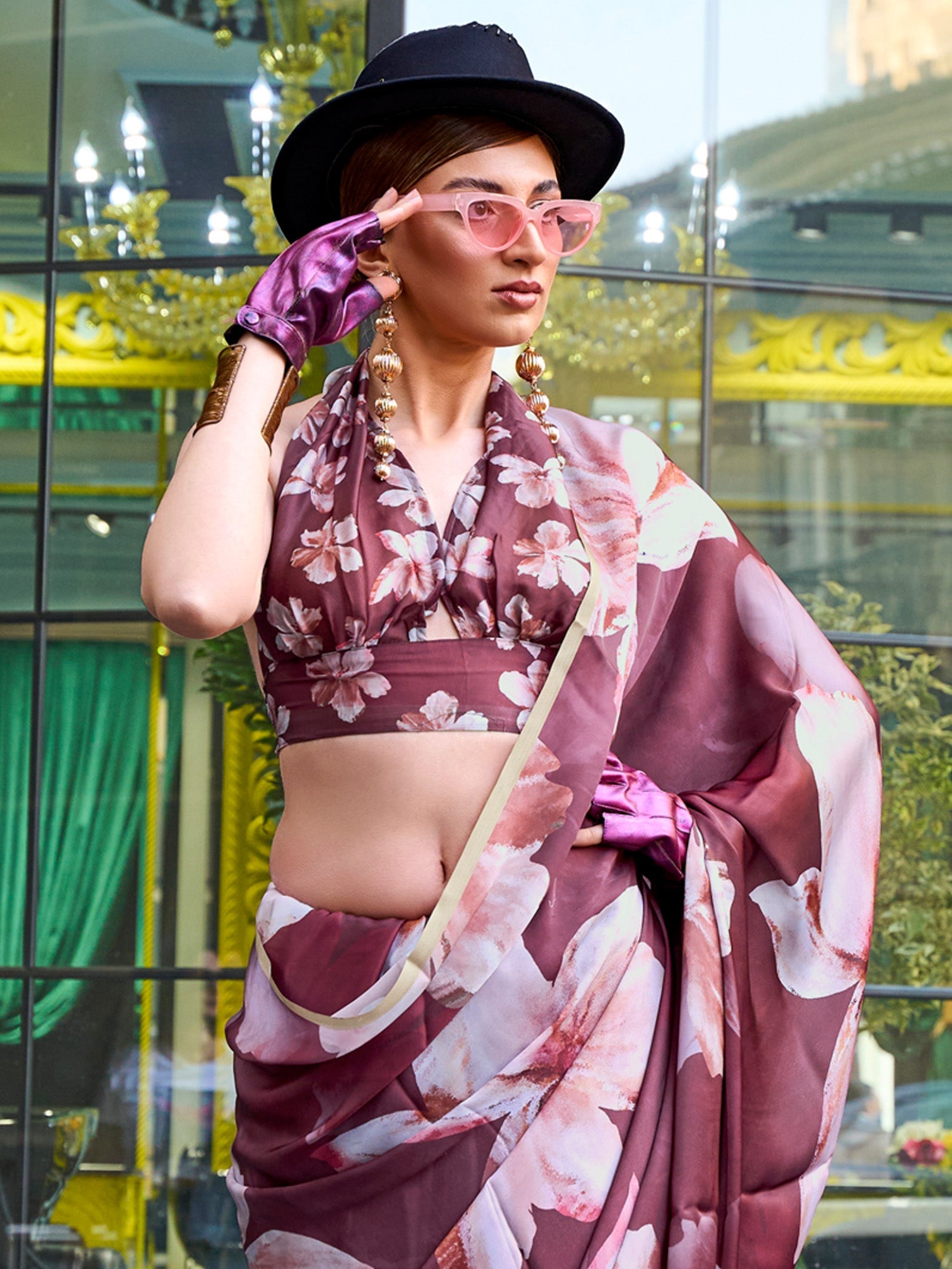 NOZ2TOZ Women's Satin Silk Brown Printed Designer Saree With Blouse Piece - Distacart