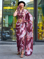 Thumbnail for NOZ2TOZ Women's Satin Silk Brown Printed Designer Saree With Blouse Piece - Distacart