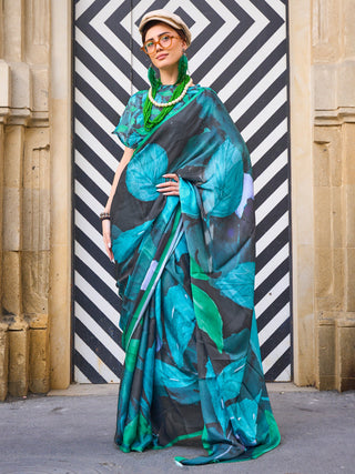 NOZ2TOZ Women's Satin Silk Black Printed Designer Saree With Blouse Piece - Distacart