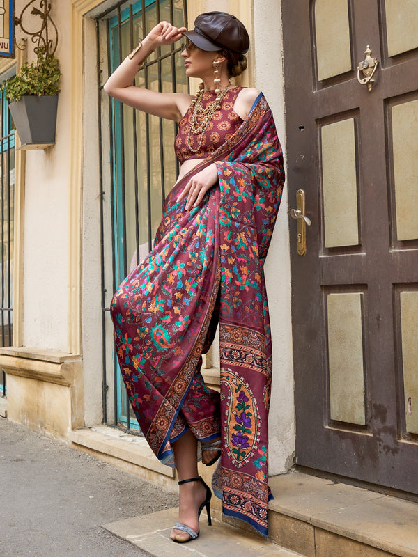 NOZ2TOZ Women's Satin Silk Burgundy Printed Designer Saree With Blouse Piece - Distacart