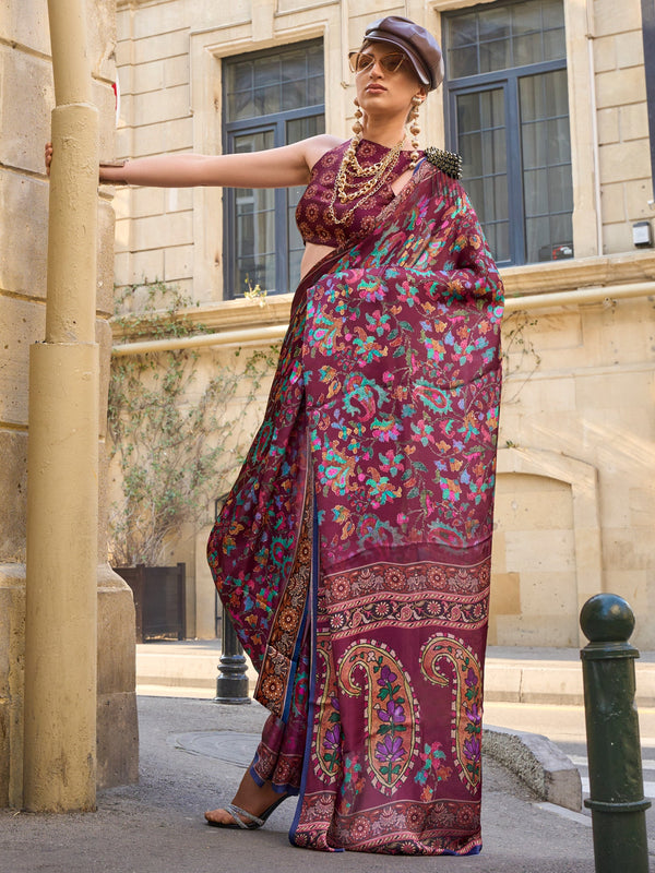 NOZ2TOZ Women's Satin Silk Burgundy Printed Designer Saree With Blouse Piece - Distacart
