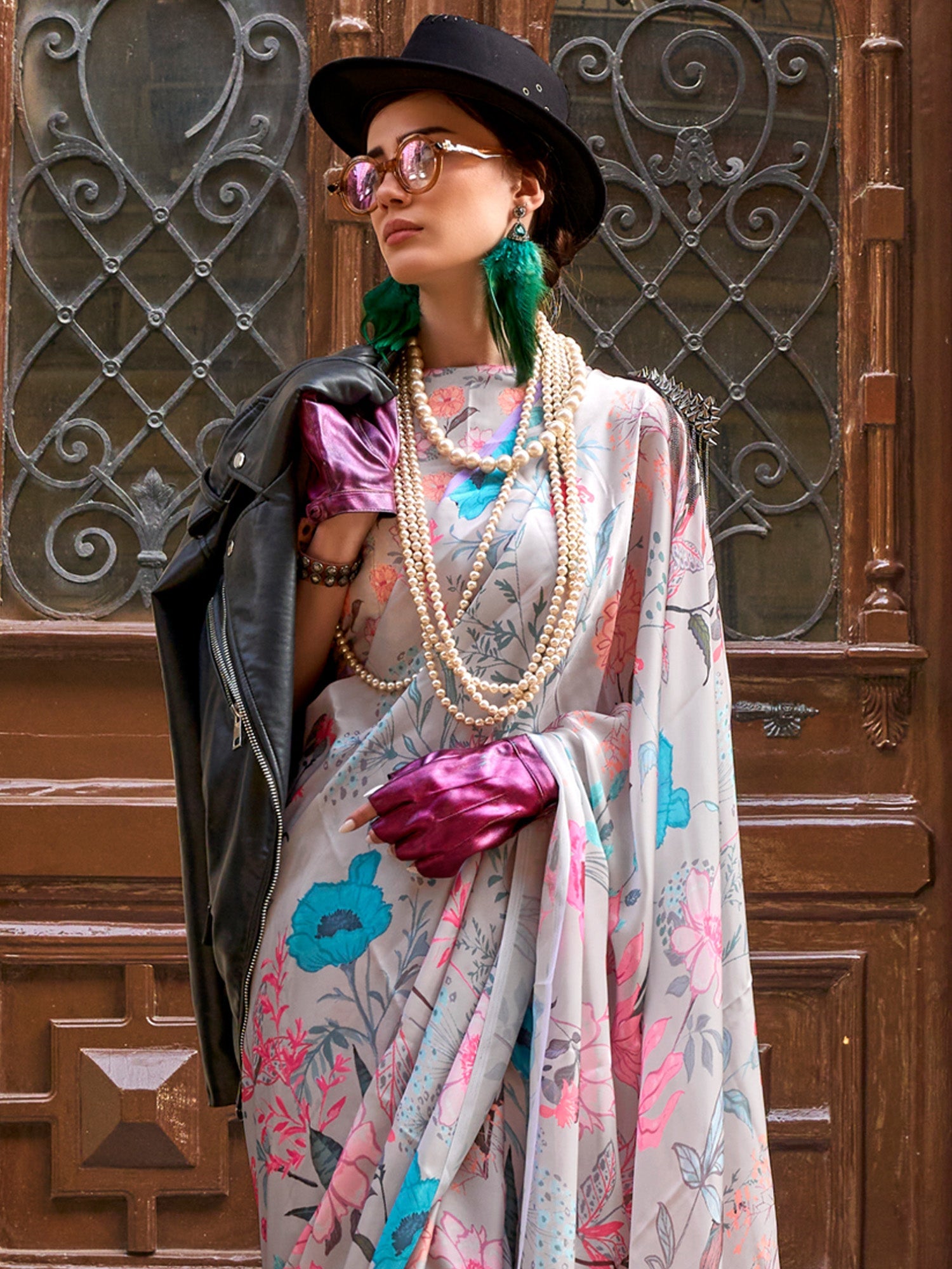 NOZ2TOZ Women's Satin Silk Grey Printed Designer Saree With Blouse Piece - Distacart