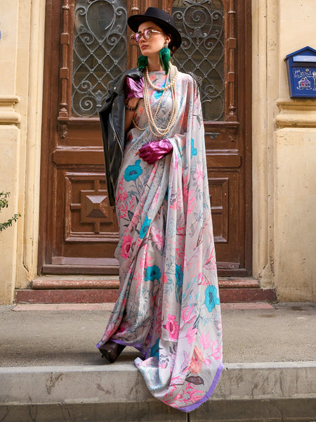 NOZ2TOZ Women's Satin Silk Grey Printed Designer Saree With Blouse Piece - Distacart