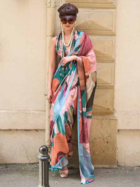 NOZ2TOZ Women's Satin Silk Multi Color Printed Designer Saree With Blouse Piece - Distacart