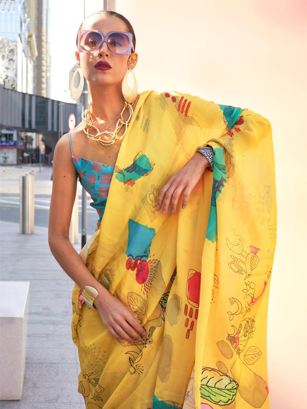 NOZ2TOZ Women's Satin Silk Yellow Printed Designer Saree With Blouse Piece - Distacart