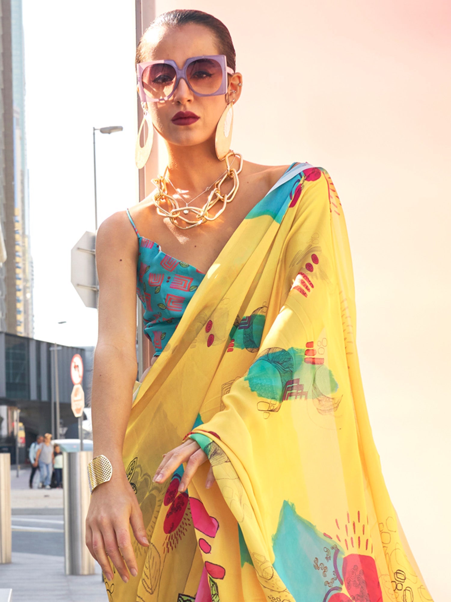 NOZ2TOZ Women's Satin Silk Yellow Printed Designer Saree With Blouse Piece - Distacart