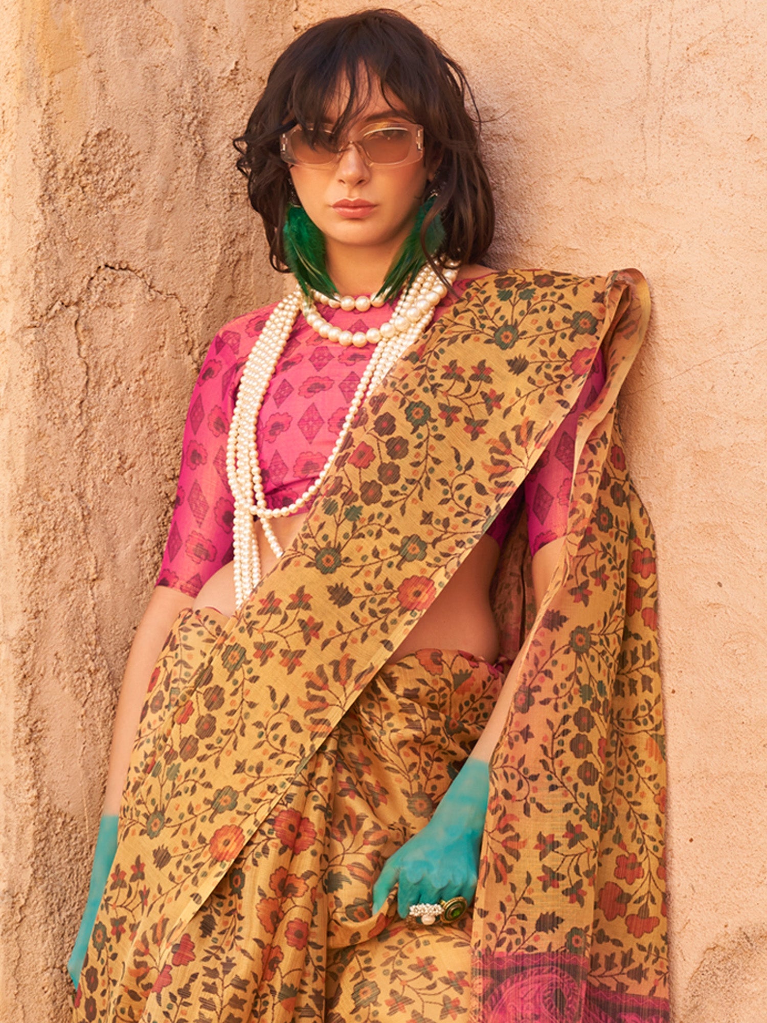 NOZ2TOZ Women's Tissue Mustard Printed Designer Saree With Blouse Piece - Distacart