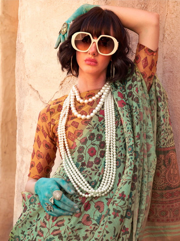 NOZ2TOZ Women's Tissue Sea Green Printed Designer Saree With Blouse Piece - Distacart