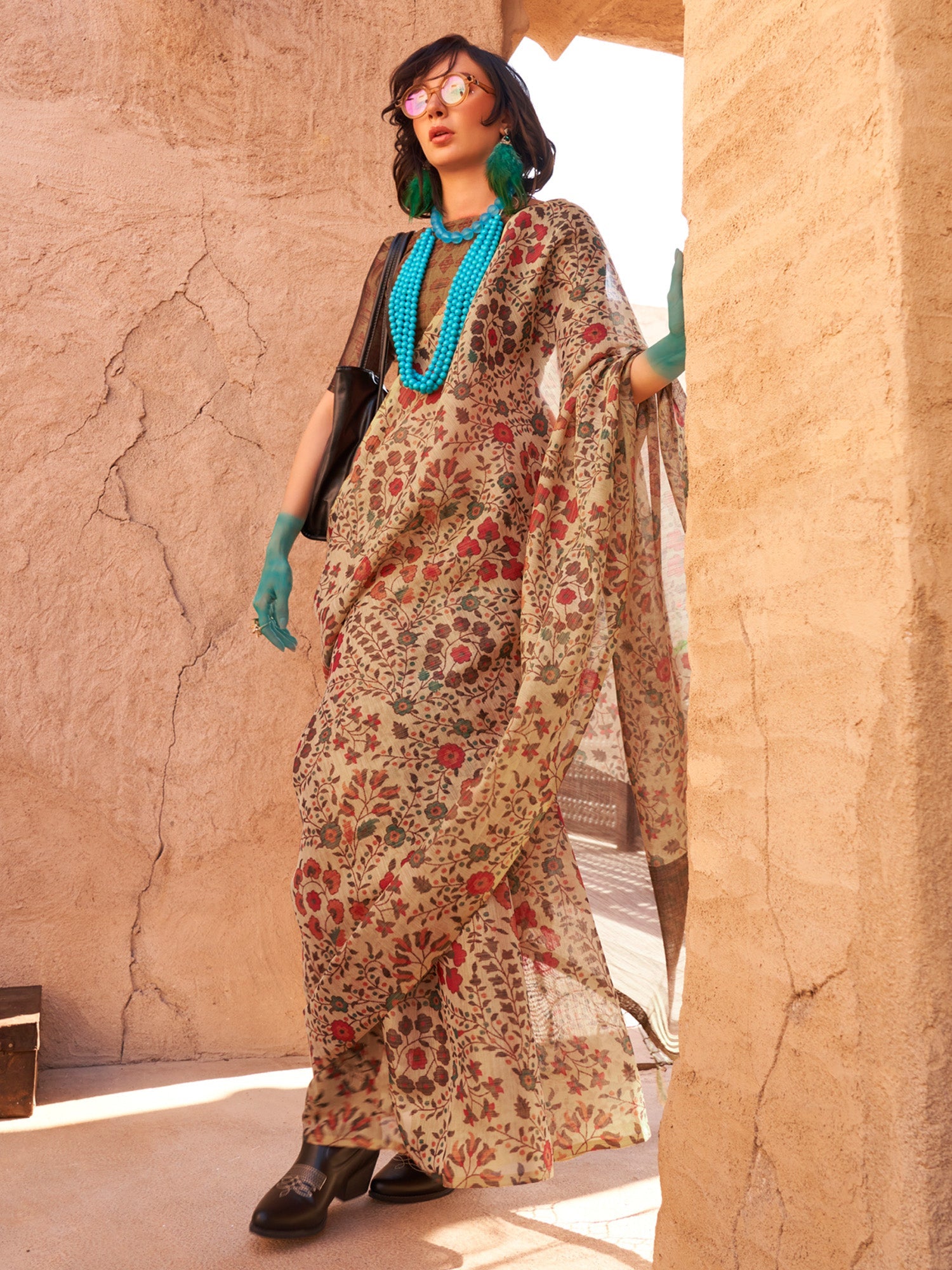 NOZ2TOZ Women's Tissue Cream Printed Designer Saree With Blouse Piece - Distacart